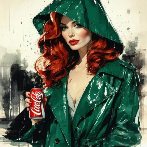 Christina Hendricks in Noir Green Raincoat