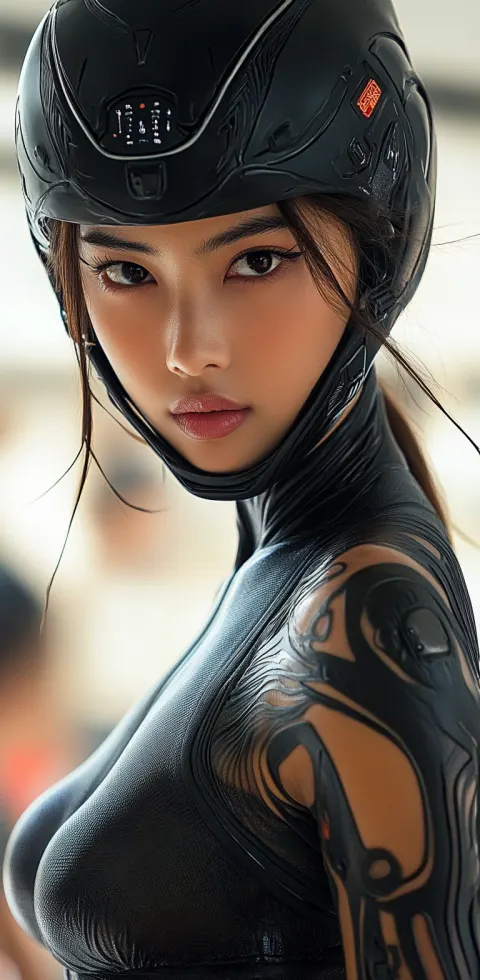 Woman Black Latex Helmet Futuristic