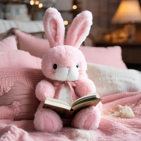Pink Rabbit Reading in a Cozy Vintage Room