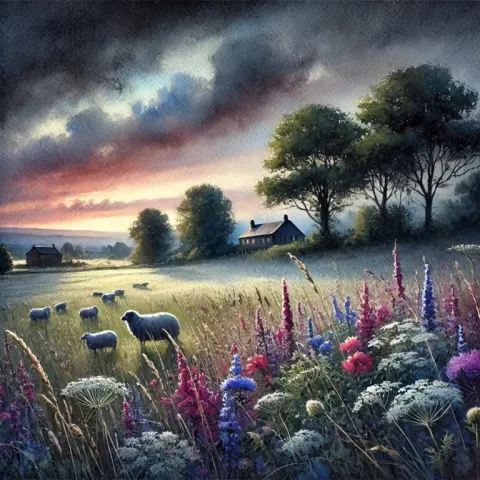 Watercolor Landscape of Twilight Field with Sheep