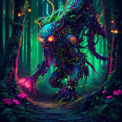 Neon Forest Monster With Cybernetic Tendrils