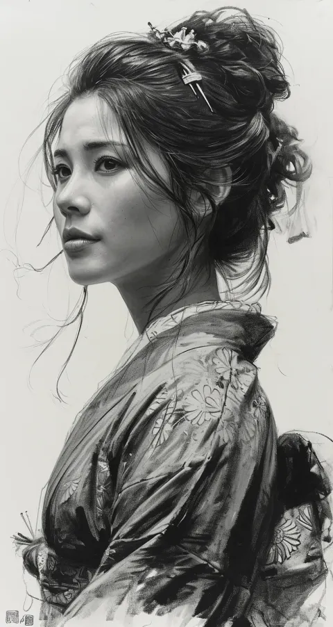 Japanese Woman Ink Drawing