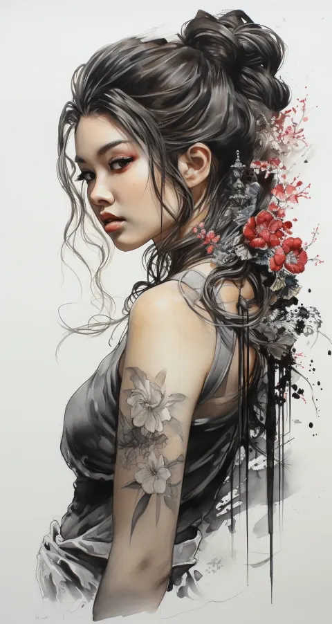 Japanese Woman Ink Drawing