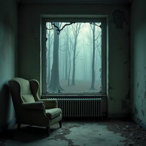 Weathered Armchair Before a Cracked Eerie Window