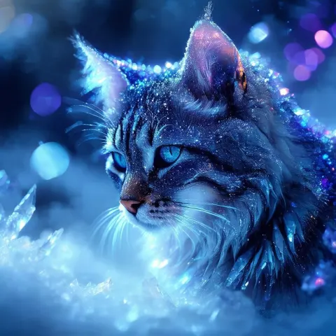 Crystalline Cat Refracting Blue and Purple Light