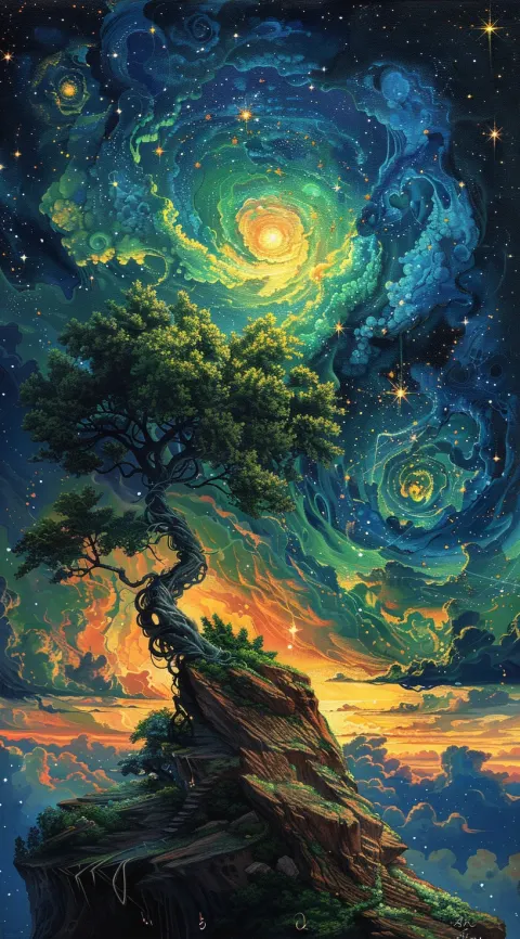 Bright Painting Tree Stars Sky