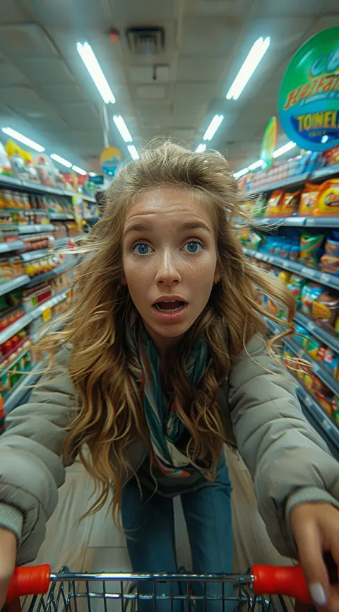 Woman Speeding Down Aisle Supermarket