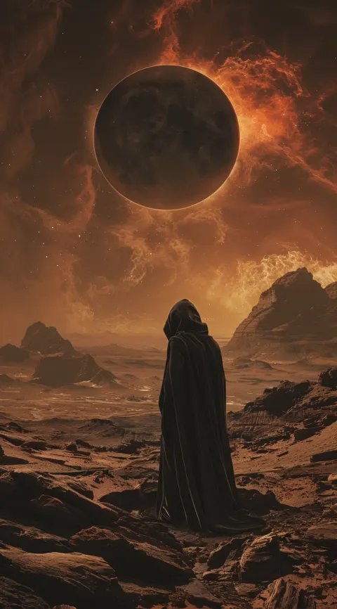 Man Dark Cloak Standing Rocky Terrain