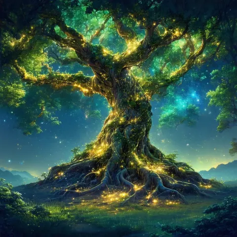 Enchanted Tree Glowing Beneath Starry Night