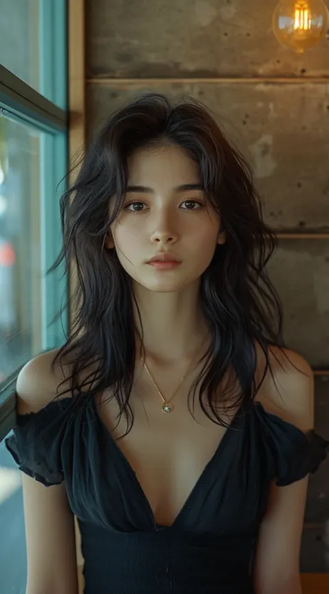Young Woman Standing Front Wall Cafe