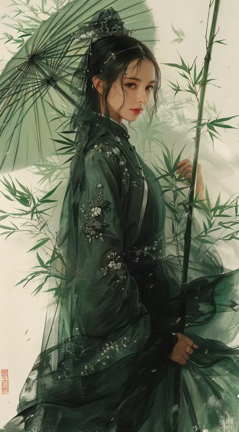 Painting Woman Dressed Traditional Chinese Dress Bamboo