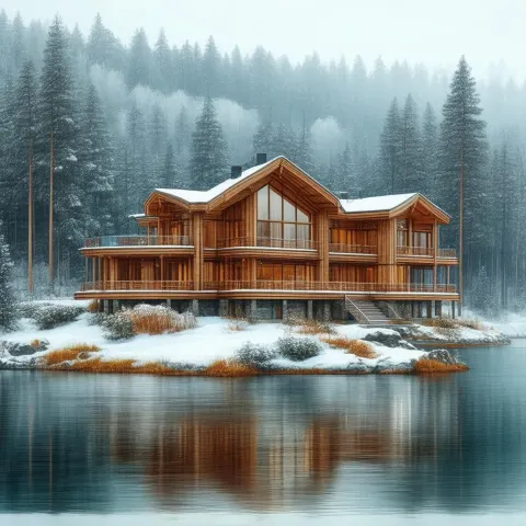 Modern Wooden House in a Snowy Forest