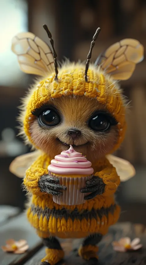 Model Cartoon Bee Yellow Outfit Holding Cupcake