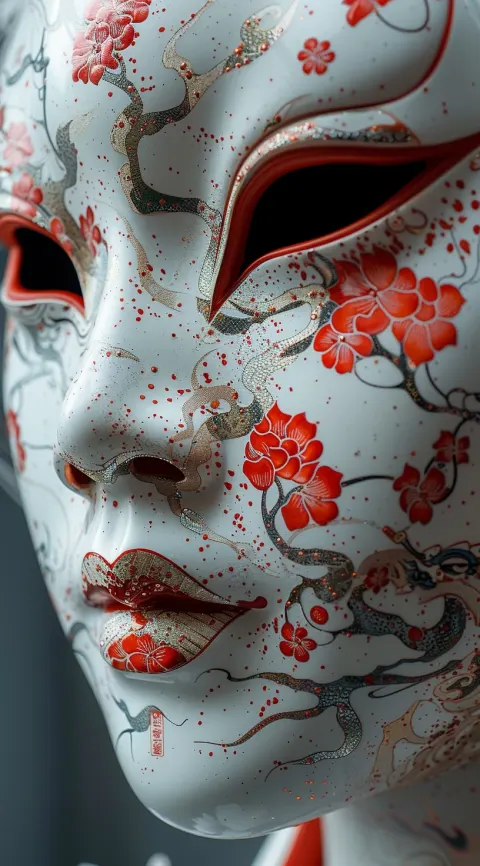 Closeup Mask White Red Patterns Featuring Oni