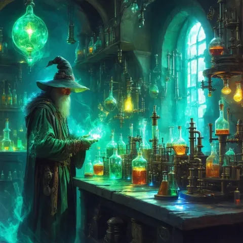 Alchemical Wizard Among Glowing Laboratory Potions