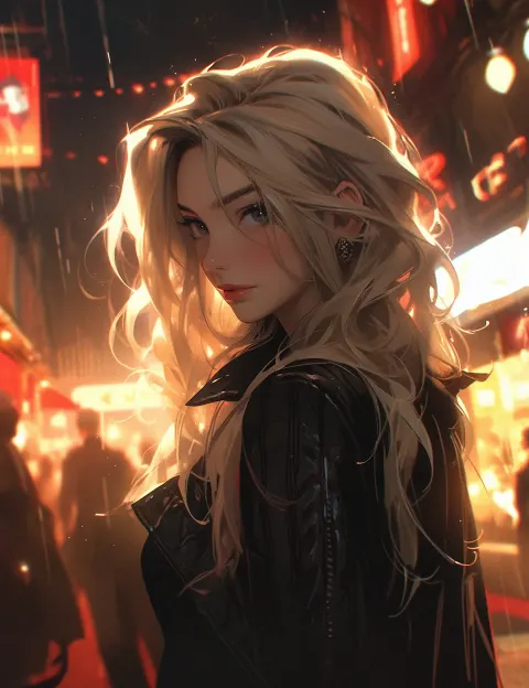 Woman Black Leather Near Neon Sign