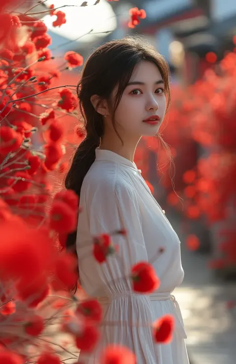 Girl Stands Street Surrounded Red Flowers