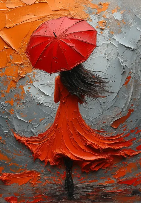 Painting Woman Holding Red Umbrella