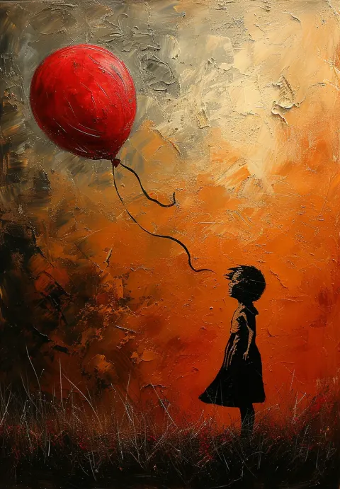 Painting Girl Holding Red Balloon
