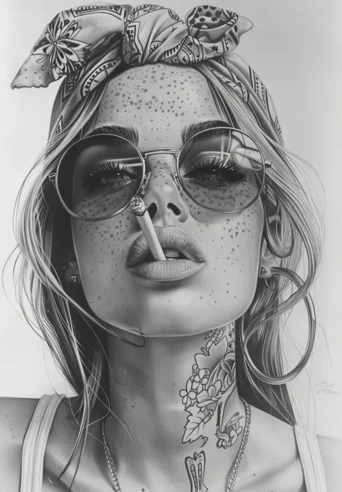 Detailed Black White Drawing Attractive Woman Freckles