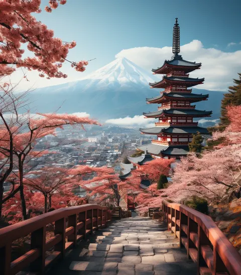 Traditional Pagoda Surrounded Blooming Cherry Trees