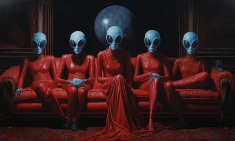 Painting Four Aliens Sitting Sofa