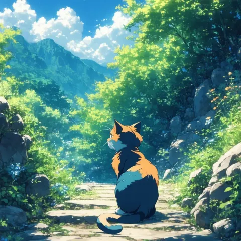 Orange and Blue Cat on a Rocky Anime Path