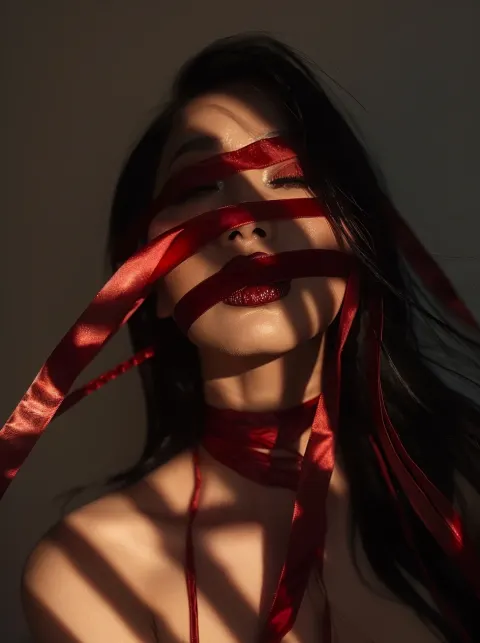 Asian Woman Red Satin Ribbons