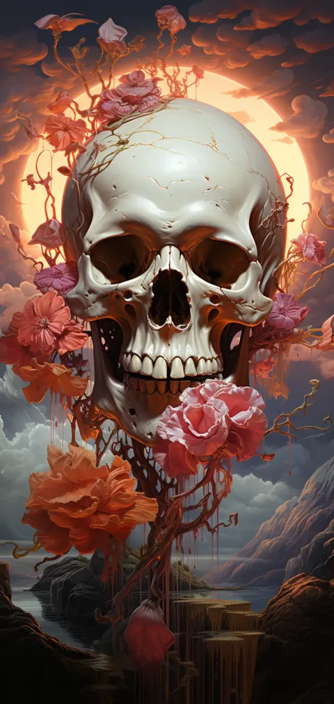 Surrealist Skull Moon Melting Flowers