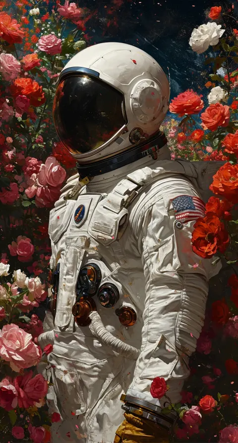 Astronaut Walking Blooming Roses