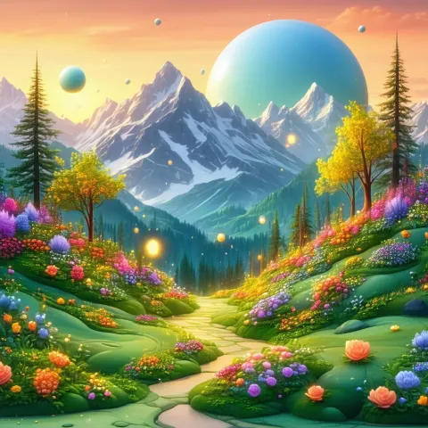Floating Garden Sphere Over Whimsical Animated Mountains