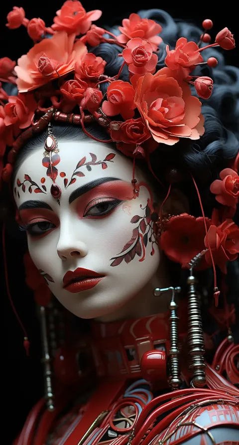 Geisha Flowers Face Portrait