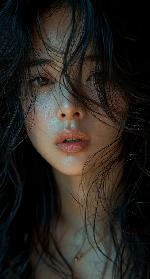 Woman Flowing Black Hair Posing