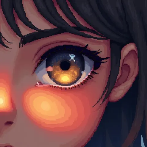 Pixelated Eyes Glowing in Golden 8 Bit Light