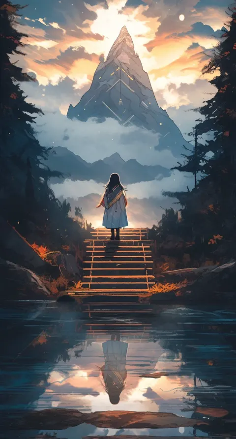 Woman Staircase Mountains Posing