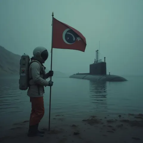 Astronaut Planting a Flag in a Submerged Desert