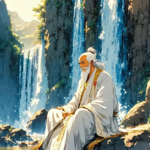 Wise Elder Robed in White Beside a Waterfall