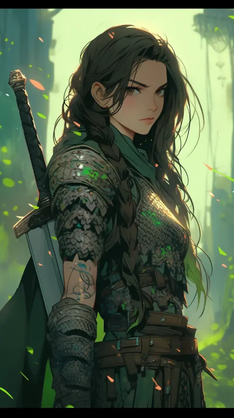 Strong Woman Sword Green Armor