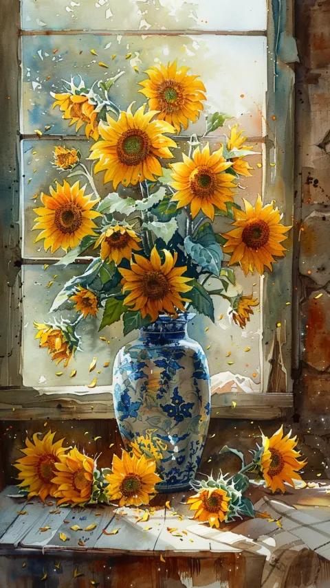 Sunflowers Vase Watercolor Country Table