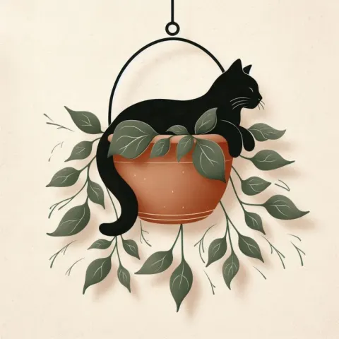 Black Cat Lounging in Terracotta Hanging Pot