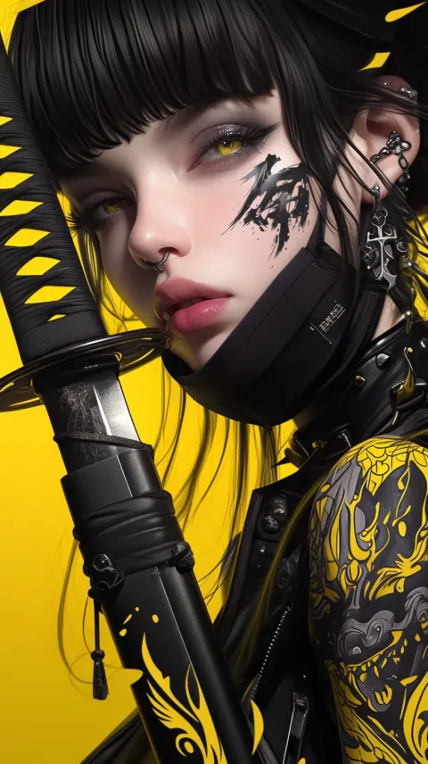 Gothic Punk Japanese Woman Katana Neon