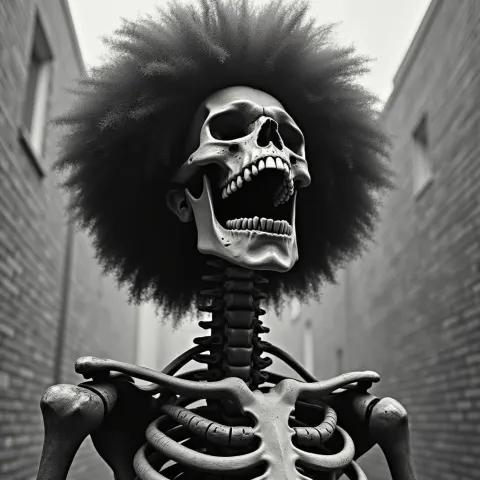 Afro Skeleton Laughing in High Contrast Monochrome