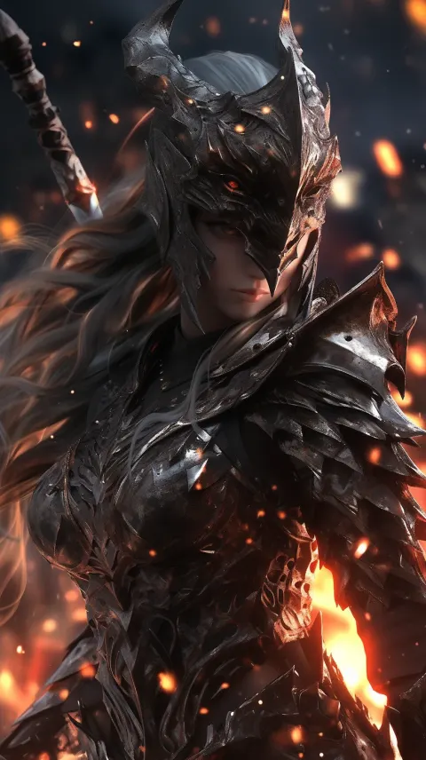 Woman Black Armor Fire Sword Dragon