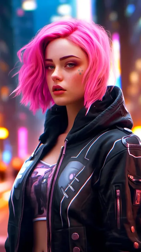 Woman Neon Pink Hair Cyberpunk Street
