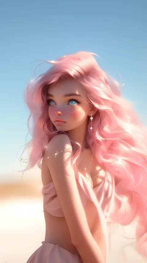 Digital Girl Illustration Romantic Ethereal Beach