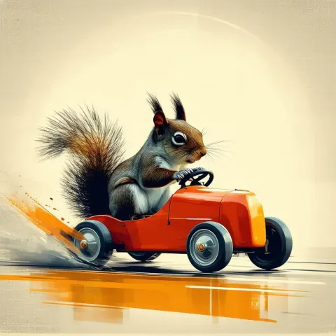 Squirrel Driving a Toy Car in Vector Style