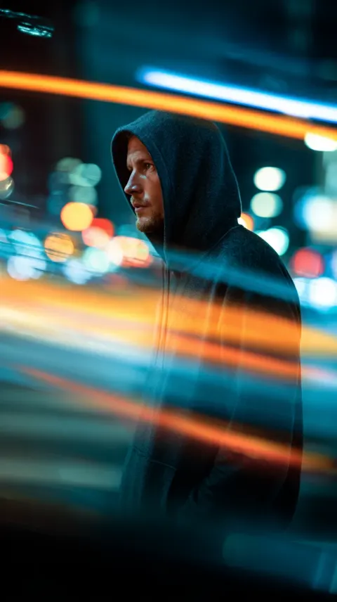 Male Model Midnight Hoodie Urban Lights