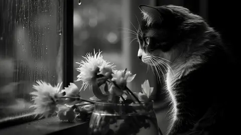 Cat Rainstorm Window Wilted Flowers Monochrome