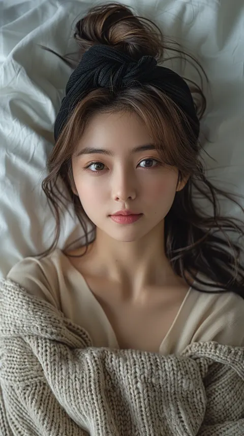 Korean Girl Beige Sweater Bed Smiling