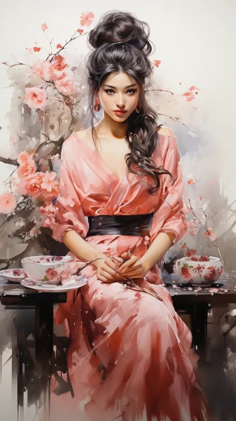 Graceful Geisha Kimono Cherry Blossoms Tea